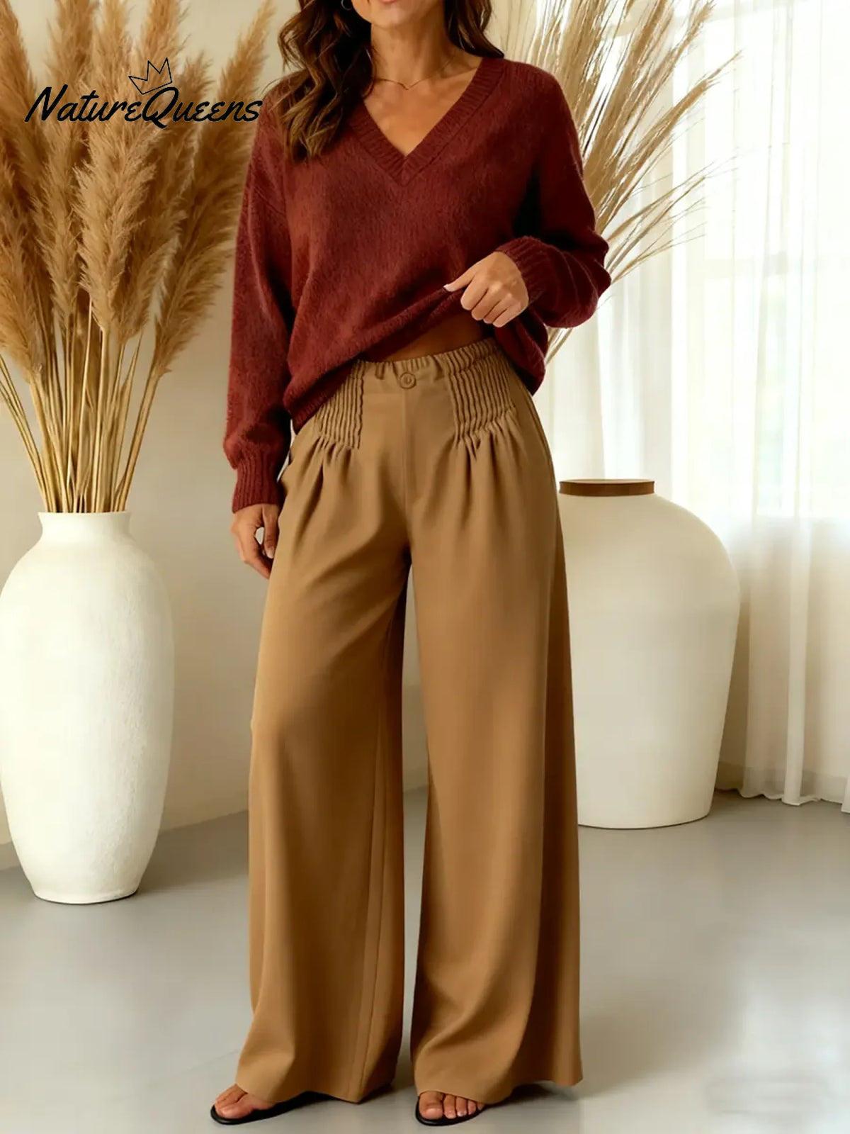 Women's Solid Color High-waisted Pleated Casual Loose Linen Wide-leg Pants