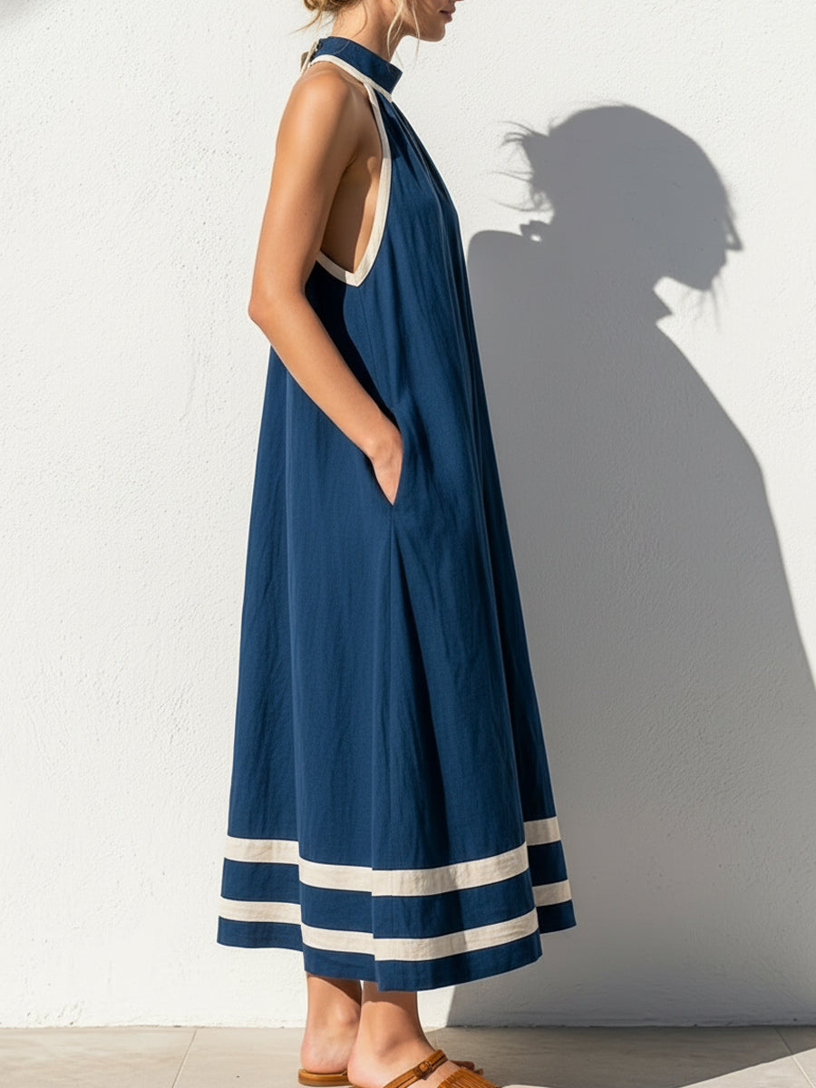 Cotton-linen Color-block Halter Midi Dress