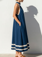 Cotton-linen Color-block Halter Midi Dress