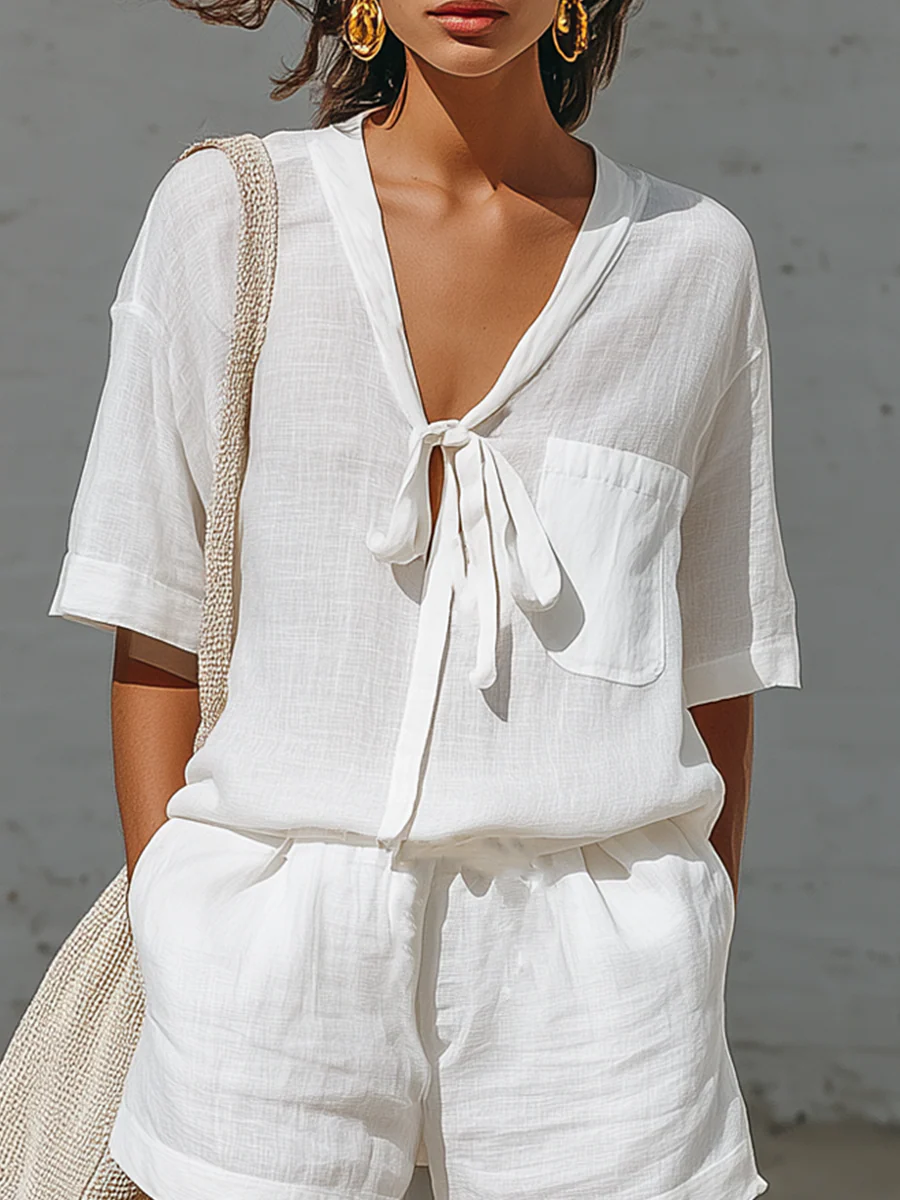 Minimalist Tie-neck Linen Cotton Two-piece Set