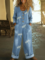 Casual Dragonfly Print Denim Jumpsuit