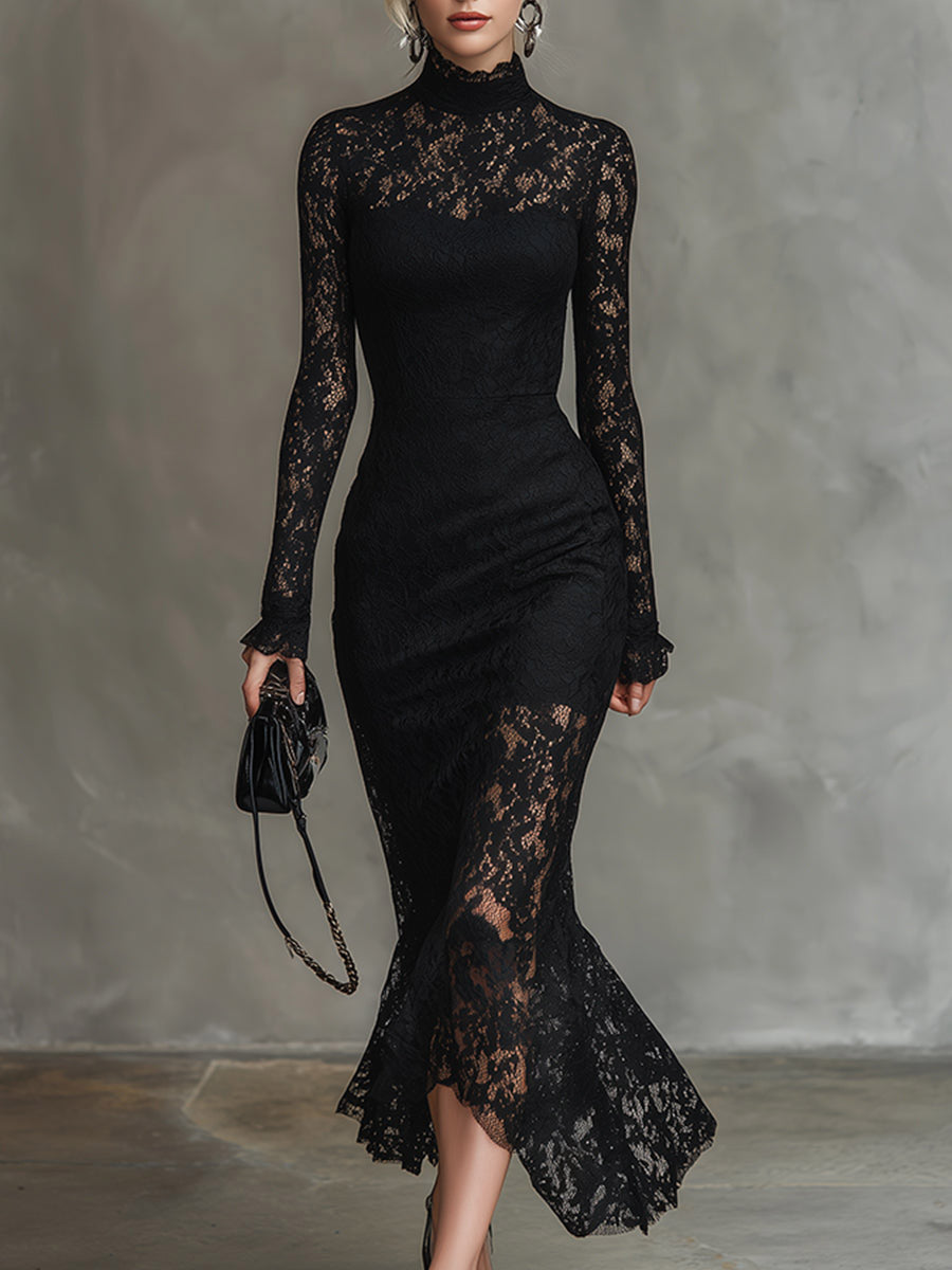 Women's Solid-color Stand-collar Long-sleeve Casual Slim-fit Lace Dress