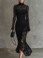 Women's Solid-color Stand-collar Long-sleeve Casual Slim-fit Lace Dress