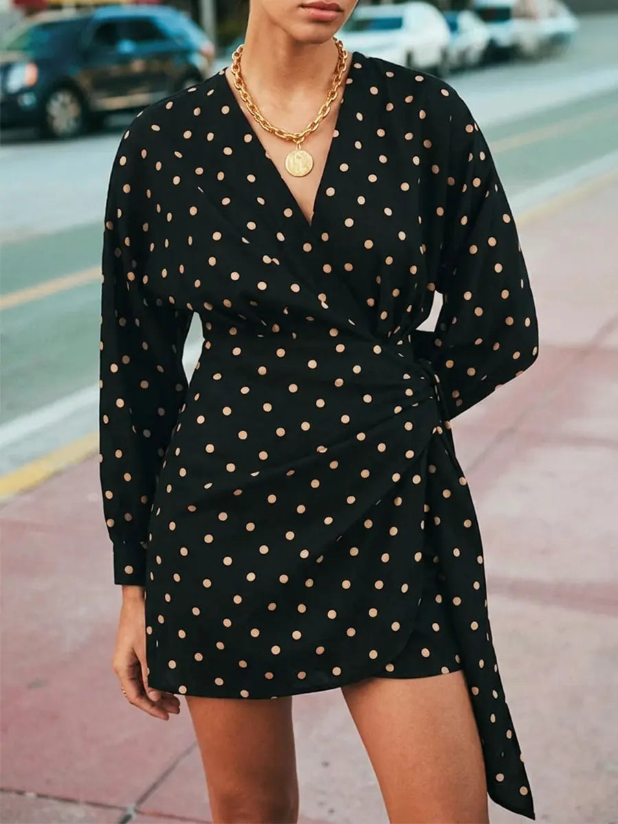 Women's Beige Polka Dots Black Background Print Short Dress