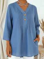 Casual V-neck Pleated Button-down Loose-fitting Linen-cotton Top