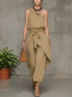 Stylish Casual Linen And Cotton One-shoulder Sleeveless Jumpsuit