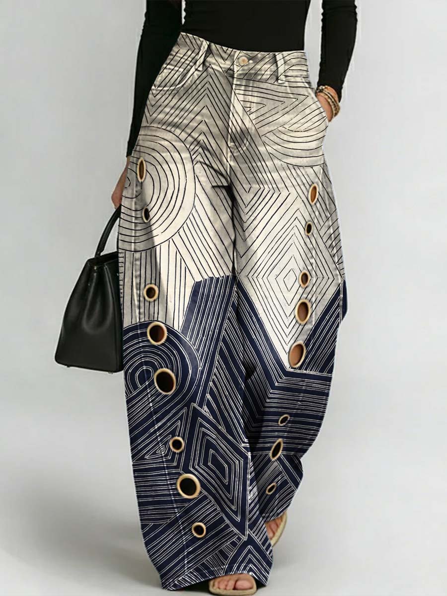 Women's Abstract Line Art Print Casual Stylish Hollow Denim Pants
