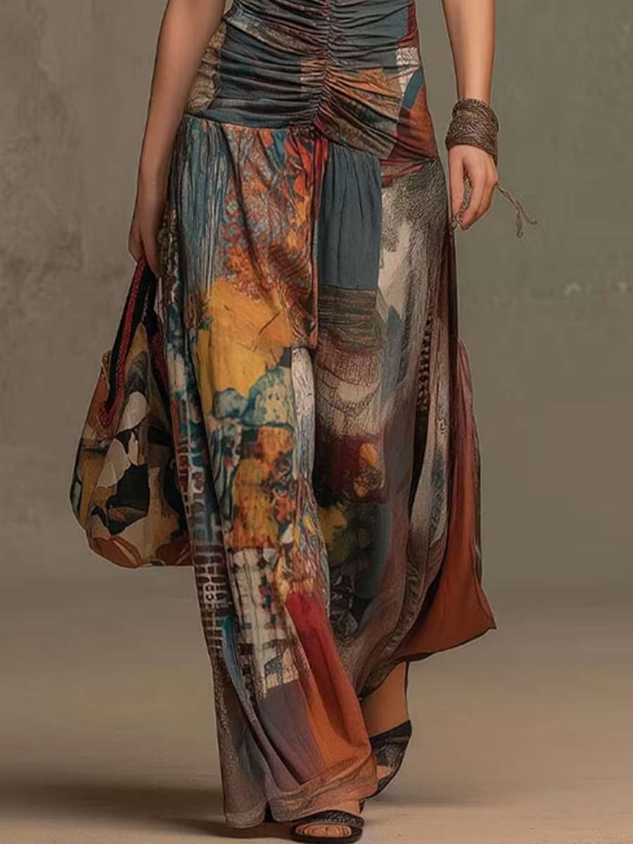 Mixed Cotton Oil Painting Print Halter Neck Front-ruched High-waist High-stretch Draping Wide-leg Jumpsuit