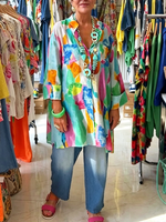 Artistic Watercolor Print V-neck Cotton-linen Shirt