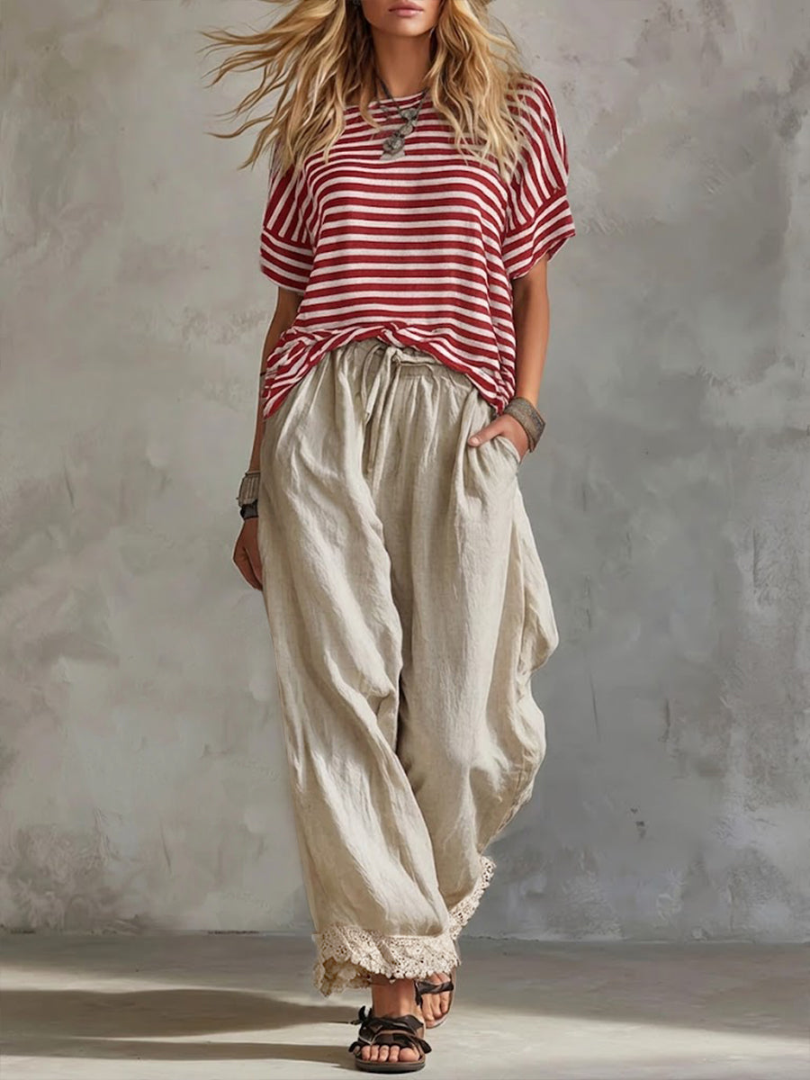 Casual Striped Cotton T-shirt And Lace-paneled Linen-cotton Trousers Two-piece Set