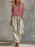 Casual Striped Cotton T-shirt And Lace-paneled Linen-cotton Trousers Two-piece Set