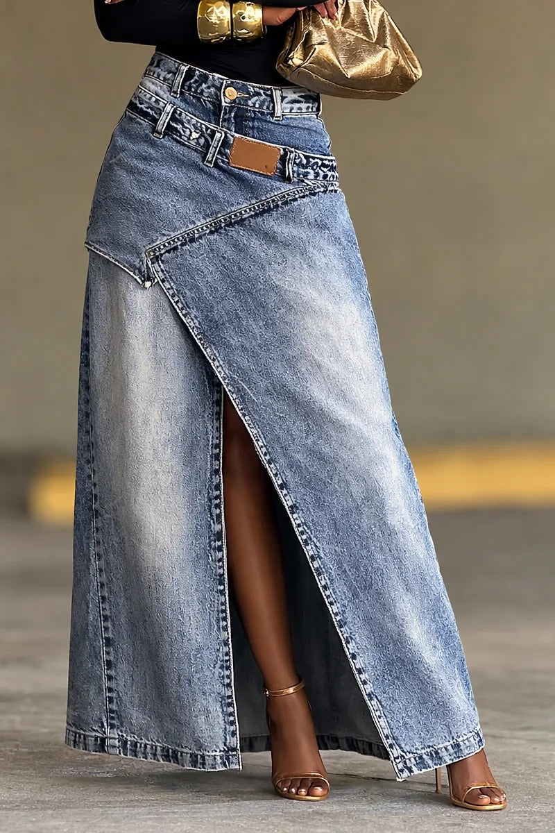 Women's Two-Piece Denim Maxi Skirt With Slit And Side Placket