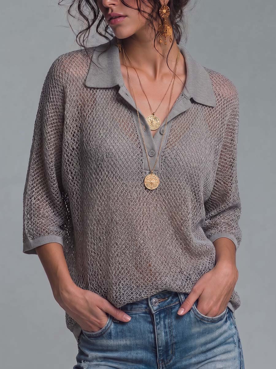 Women's Solid Color Pullover Collared 3/4 Sleeve Casual Loose Mesh Top