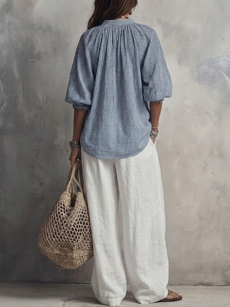 Women's Striped Top And Wide-leg Pants Cotton-linen Set