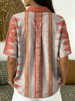 Women's Vintage Retro Geometric Patterns Casual Polo Collar Short-sleeved Linen And Cotton Shirt