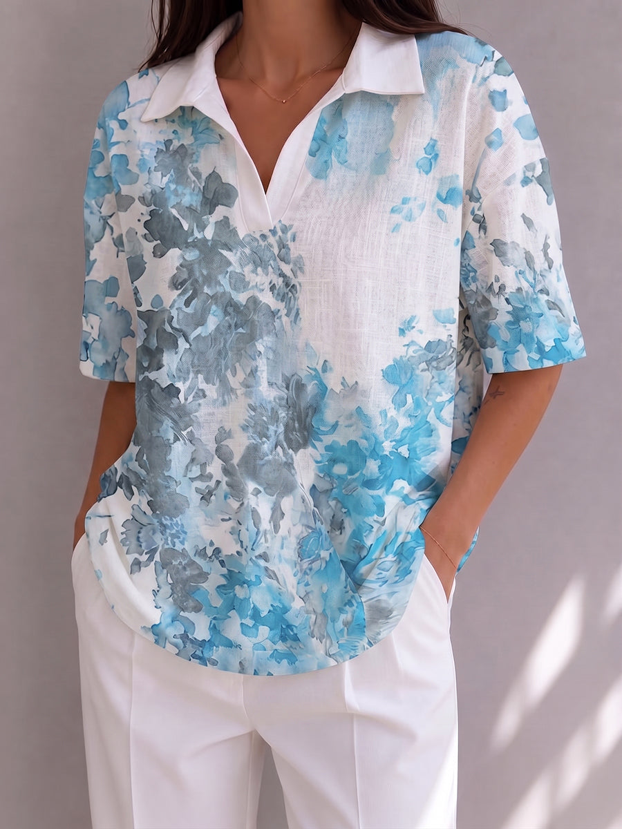 Artistic Watercolor-effect Floral Print Polo Collar Cotton-linen Shirt Top