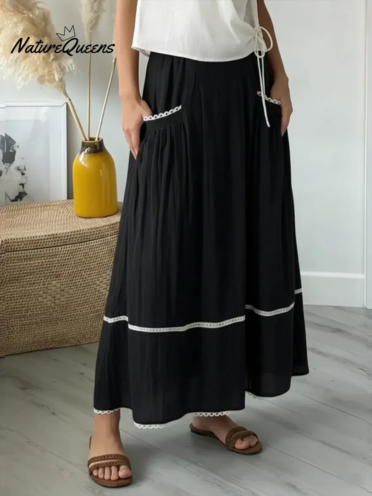 Women's Casual Patchwork White Lace Linen-cotton Skirt