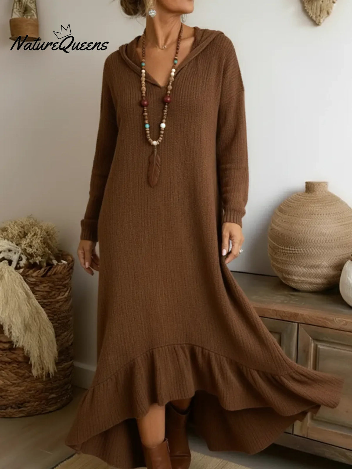 Boho Casual Loose-fitting Hooded Ruffled Hem Midi Knit Dress
