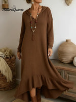 Boho Casual Loose-fitting Hooded Ruffled Hem Midi Knit Dress