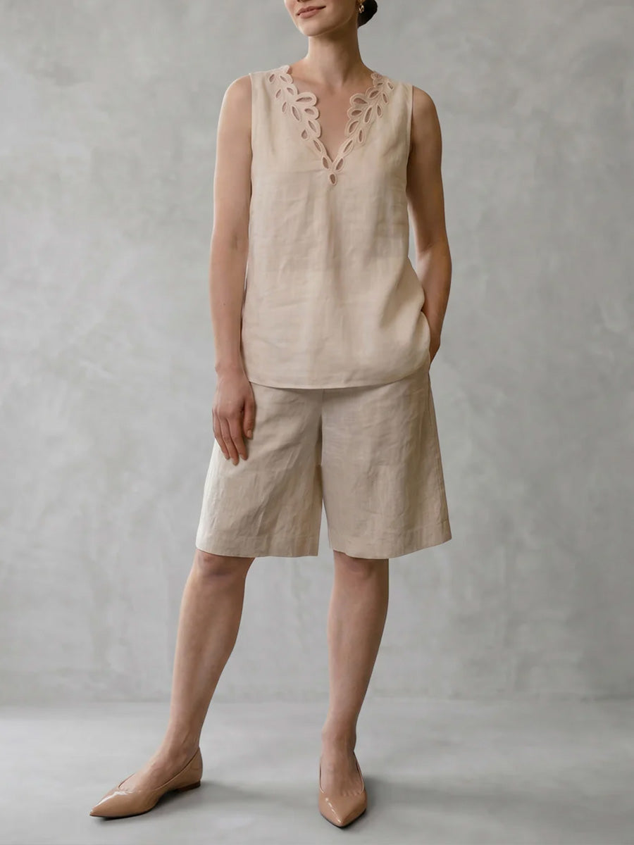 Women's Solid-color V-neck Sleeveless Loose-fit Cotton-linen Top & High-waisted Wide-leg Shorts Set