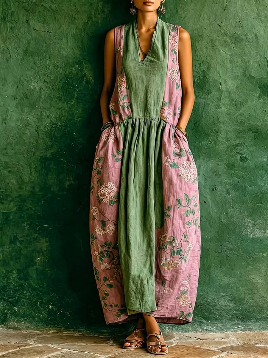 Women's Vintage-print Patchwork V-neck Sleeveless Loose-fit Cotton-linen Casual Dress