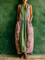 Women's Vintage-print Patchwork V-neck Sleeveless Loose-fit Cotton-linen Casual Dress