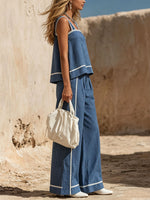 Women's Retro Blue Striped Cotton-linen Sleeveless Top And Pants Set