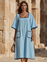 Minimalist Elegant Cotton-linen Dress With Color-contrast Trim