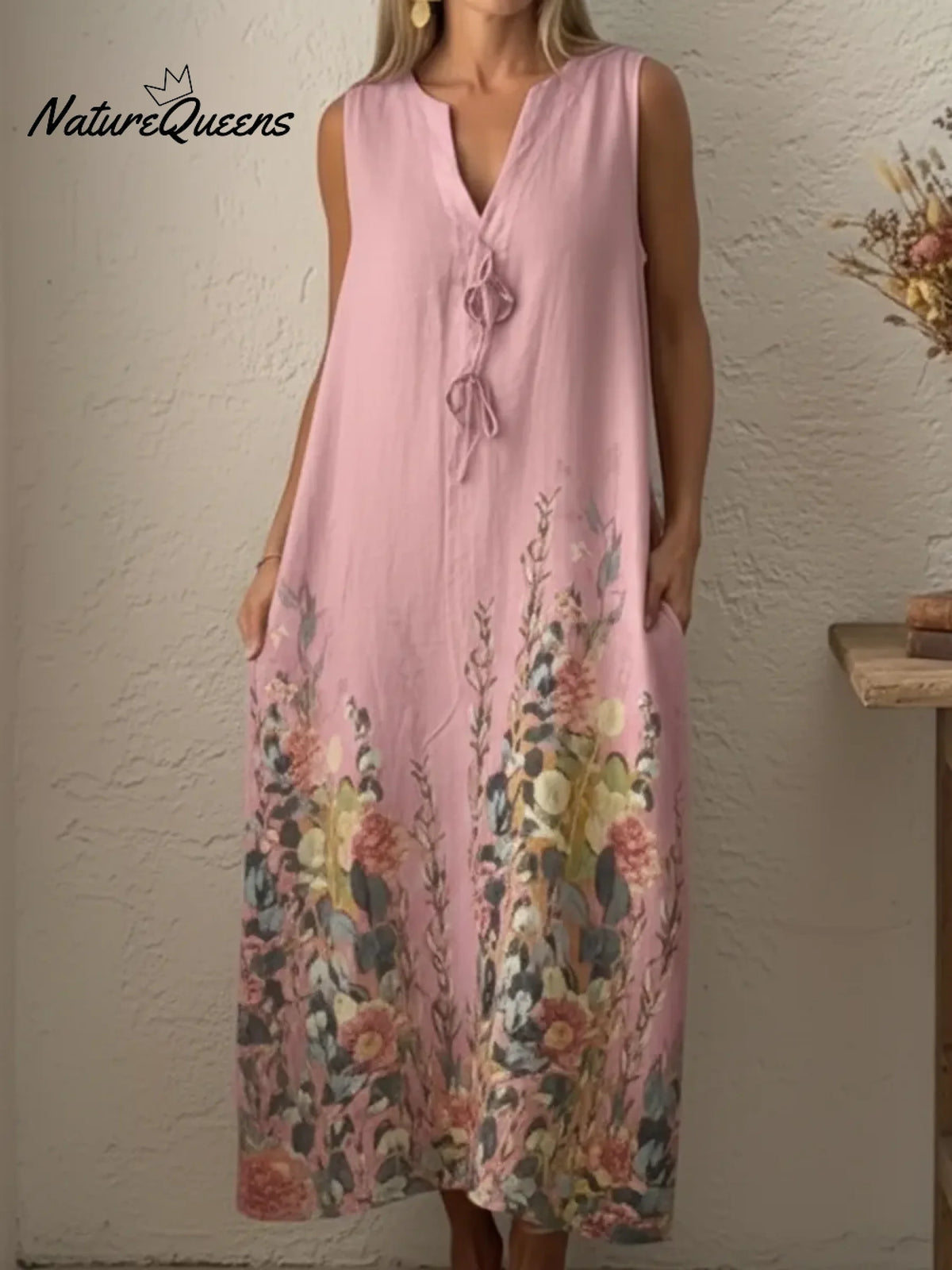 Casual Artistic Bouquet Print Linen Dress