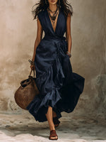 Women's V-neck Large Skirt Waist-cinching Cotton-linen Dress