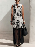 Women's Abstract Print Round-neck Sleeveless Casual Loose-fit Cotton, Linen & Chiffon Patchwork Dress