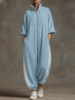 Women's Stand-collar 3/4 Sleeve Casual Loose Hooded Linen Jumpsuit
