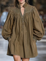 Women's Solid Color Stand-collar Long-sleeved Casual Loose-fitting Pleated Cotton Dress