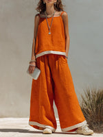 Women's Vacation Style Orange And White Color-block Linen Two-piece Set