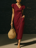 Elegant V-neck Button-up Linen Midi Dress
