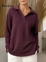 Women's Solid Color V-neck Long-sleeved Casual Loose Sweatshirt
