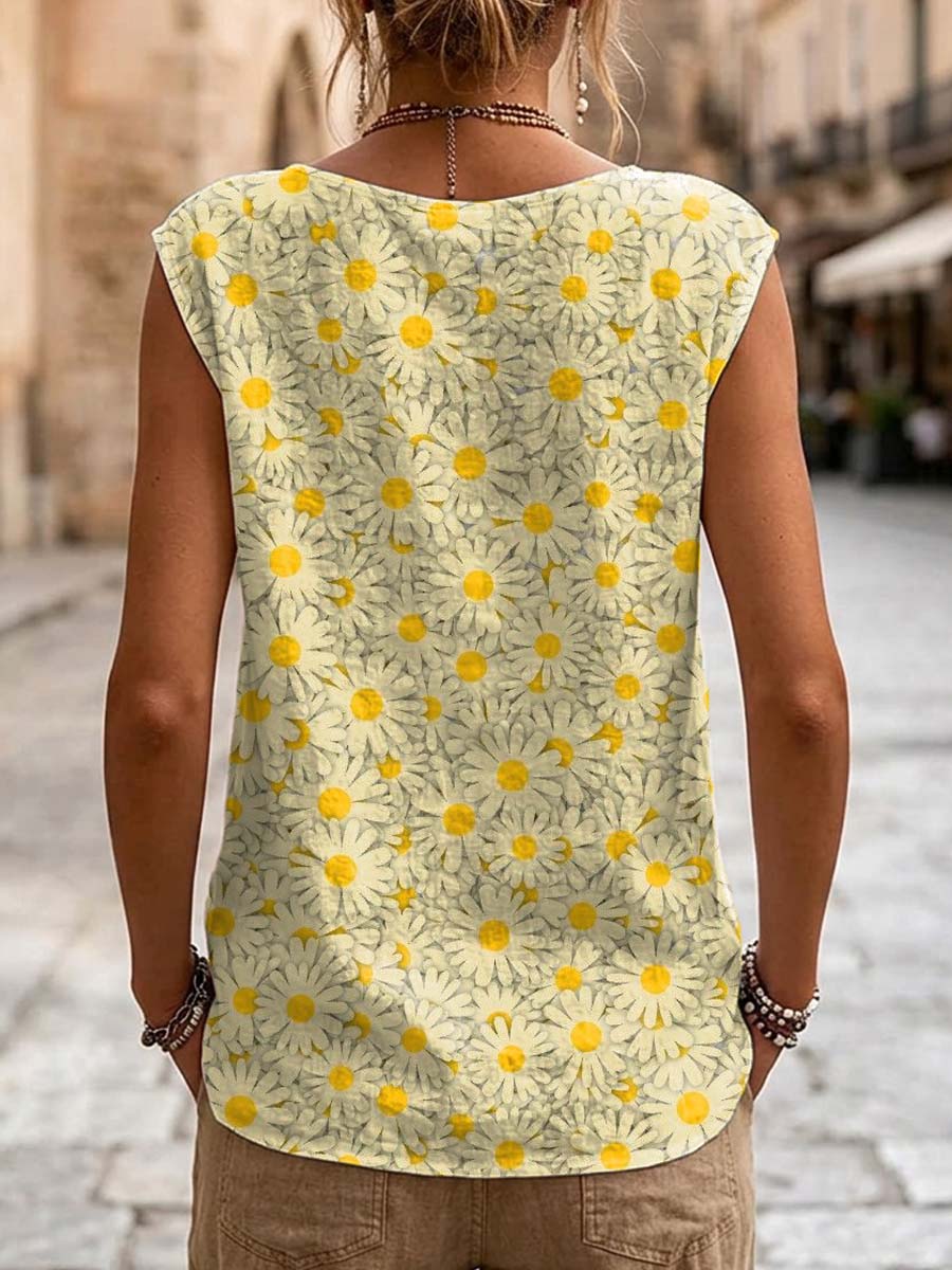Women's Floral Pattern Art Print Casual Sleeveless Cotton Shirt