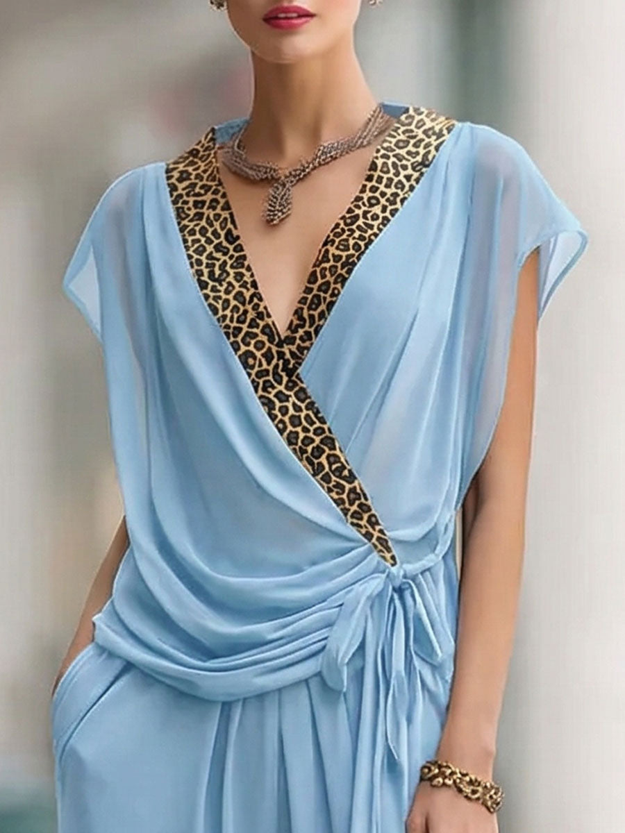 Women's V-neck Short-sleeve Casual Loose Drawstring Top