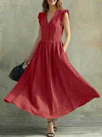 Women's Solid Color Ruffled Art Casual Fashion Cozy Cotton Linen Dress