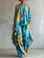 Two-piece Set Featuring A Retro Artistic Style With Watercolor Splash-ink And Contrasting Color Prints.