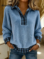Women's Plaid Color-blocked Cardigan Collar Long-sleeved Casual Loose Sweatshirt