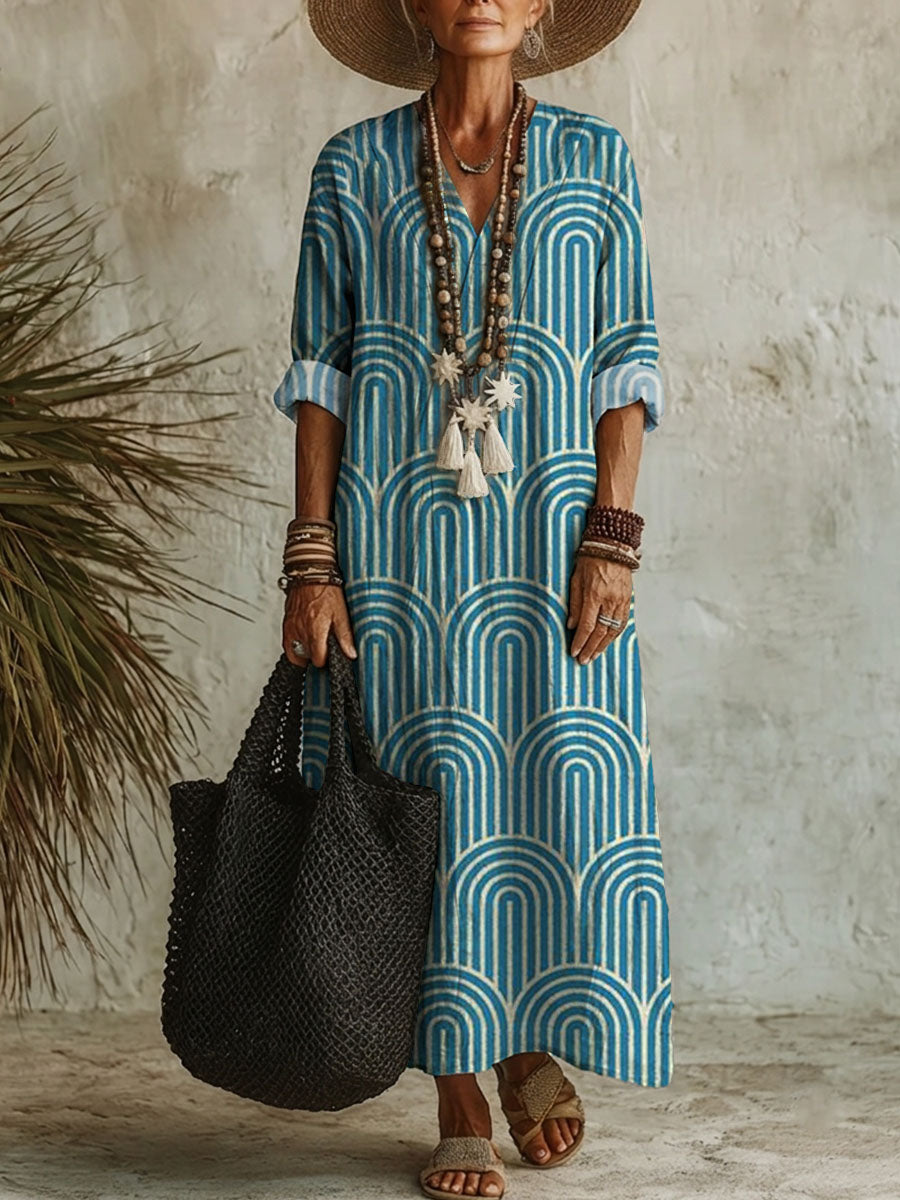 Women's Retro Geometric Print Casual Cotton-linen Maxi Dress