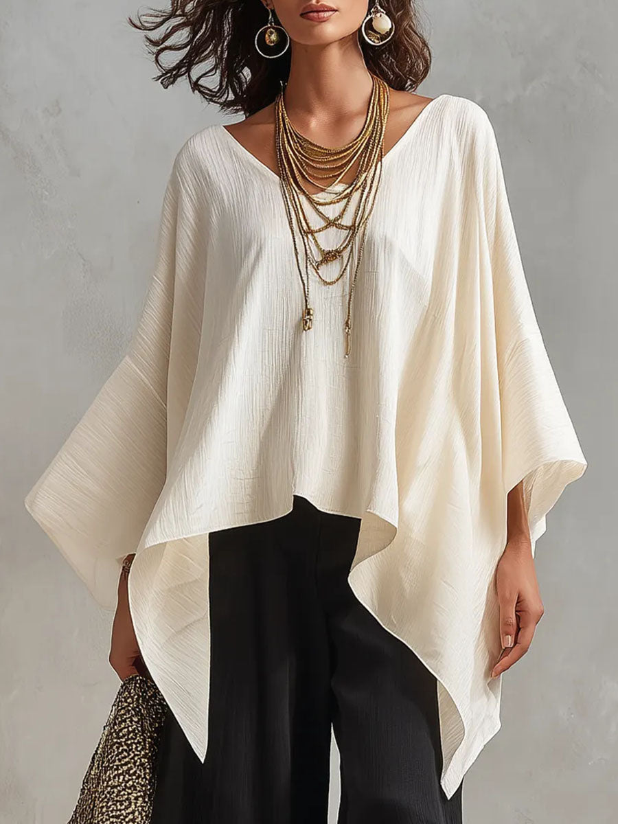 Women's Solid-color V-neck Long-sleeve Casual Loose Cotton-linen Top