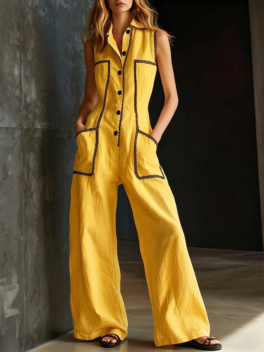 Women's Lapel Sleeveless Casual Loose-fit Cotton-linen Wide-leg Jumpsuit