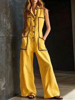 Women's Lapel Sleeveless Casual Loose-fit Cotton-linen Wide-leg Jumpsuit