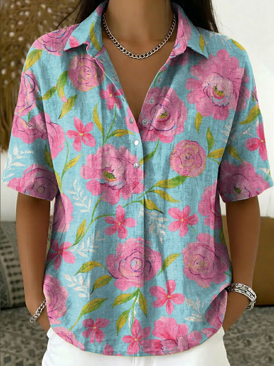 Women's Vintage Botanical Floral Casual Polo Collar Short-sleeved Linen And Cotton Shirt
