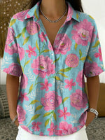 Women's Vintage Botanical Floral Casual Polo Collar Short-sleeved Linen And Cotton Shirt