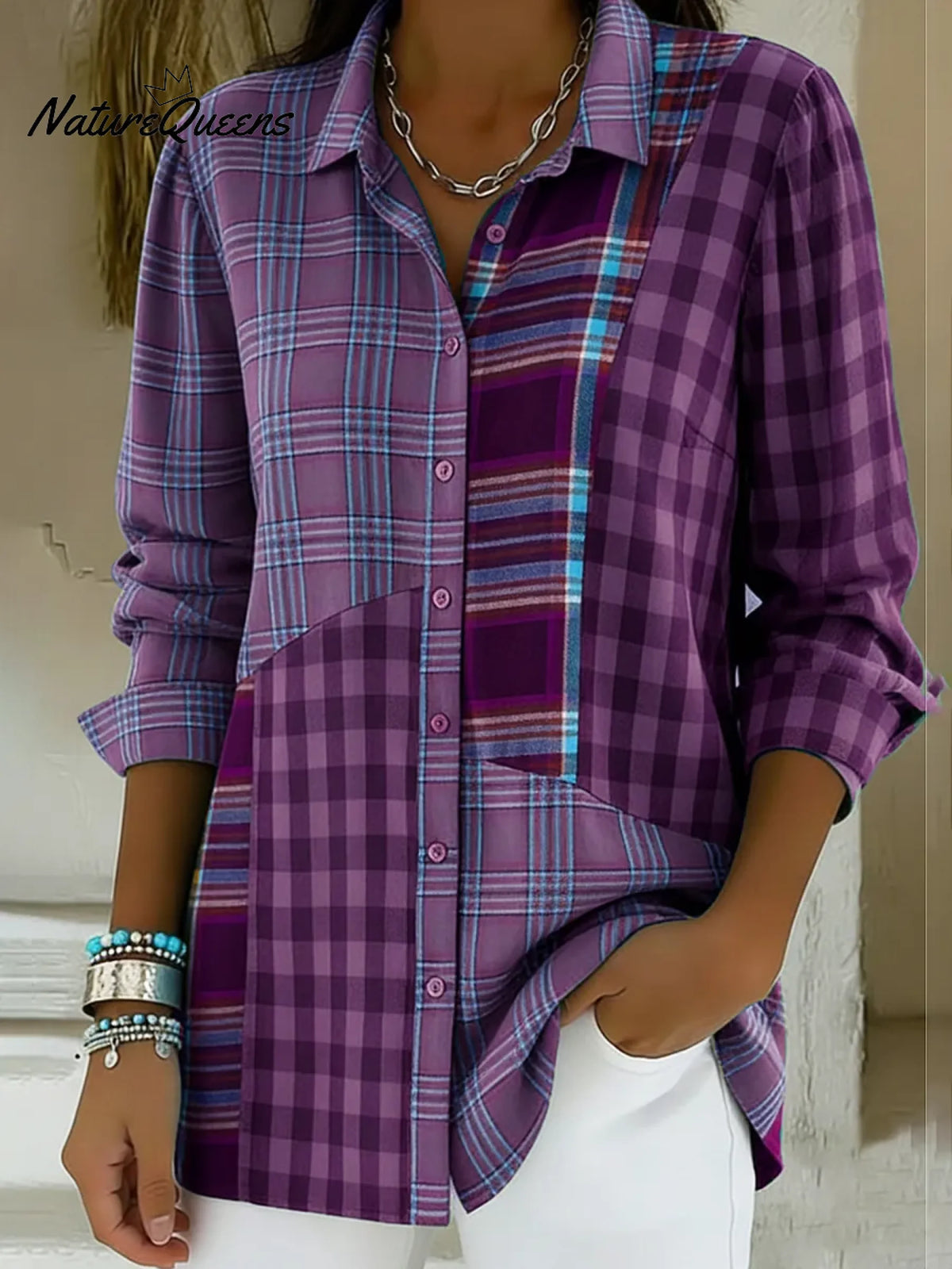Artistic Plaid Print Patchwork Shirt