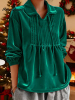 Women's Solid Color Cardigan Collar Long-sleeved Casual Loose Pleated Velvet Top