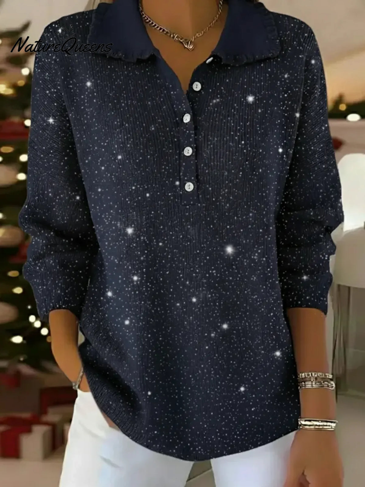 Women's Solid Color Peter Pan Collar Long Sleeve Casual Loose Sequined Knit Top